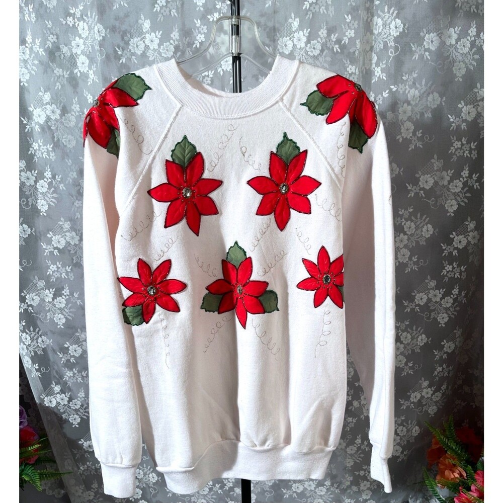 Vintage 80s Christmas Sweatshirt Size XL 1980s Retro Holly Holiday Festive Cozy